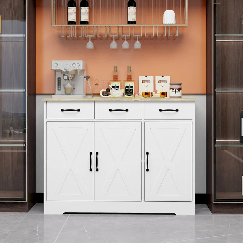 Farmhouse Buffet Cabinet Storage Sideboard with 3 Drawers and 3 Doors for Dining Living Room Kitchen Cupboard-White