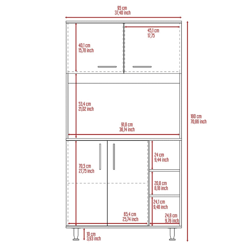 Kitchen Pantry Double Door Cabinet, Four Legs, Three Shelves
