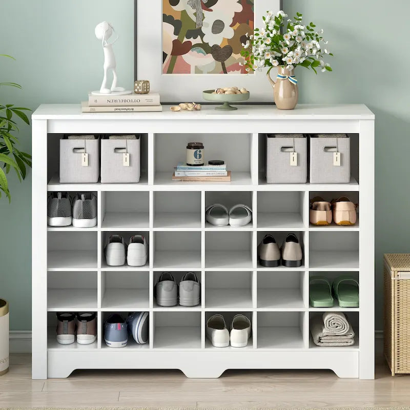 Sleek Design 24 Shoe Cubby Console, Modern Shoe Cabinet with Curved Base, Versatile Sideboard with High-quality