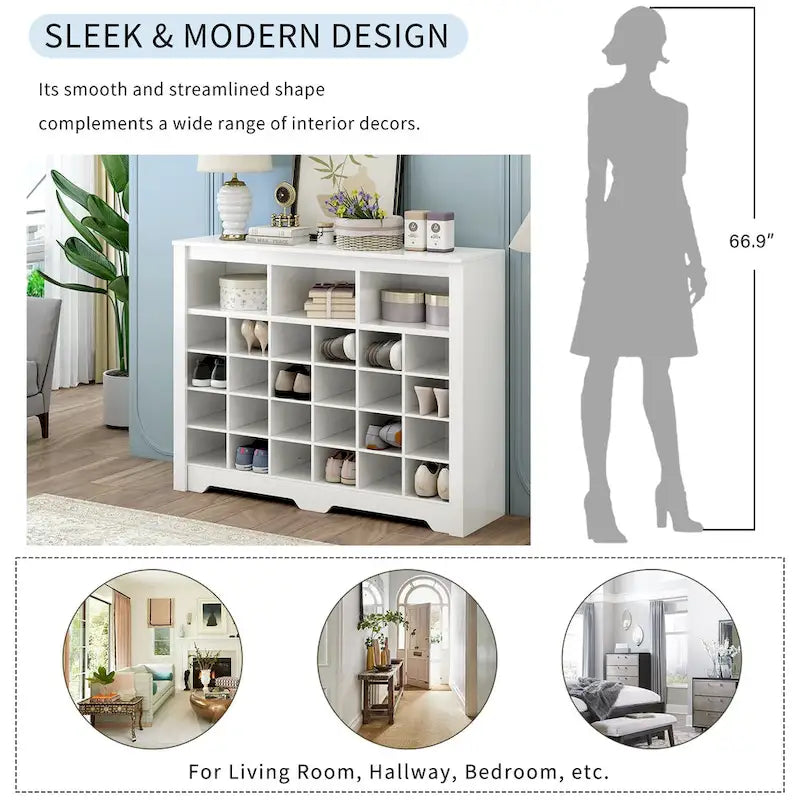 Sleek Design 24 Shoe Cubby Console, Modern Shoe Cabinet with Curved Base, Versatile Sideboard with High-quality