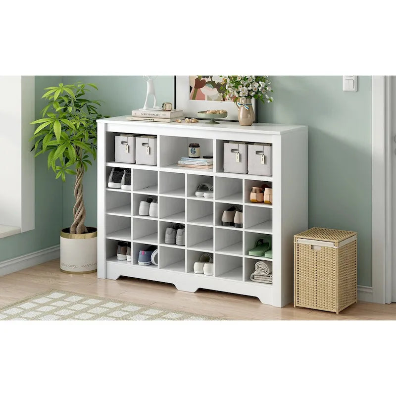 Sleek Design 24 Shoe Cubby Console, Modern Shoe Cabinet with Curved Base, Versatile Sideboard with High-quality