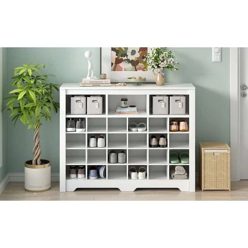 Sleek Design 24 Shoe Cubby Console, Modern Shoe Cabinet with Curved Base, Versatile Sideboard with High-quality