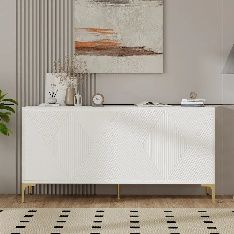 60 4-Door Sideboard Cabinet with Carved Door Panels and Adjustable Shelves for Entryway Dining Room Living Room