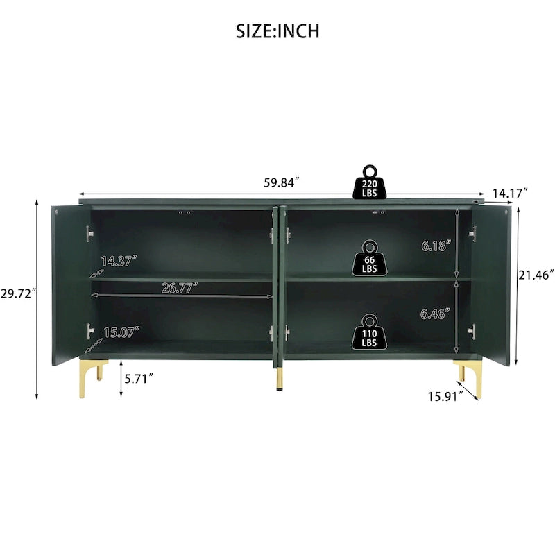 60 4-Door Sideboard Cabinet with Carved Door Panels and Adjustable Shelves for Entryway Dining Room Living Room
