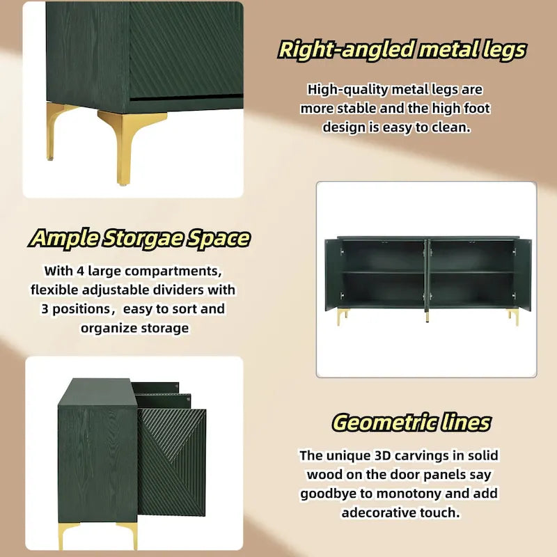 60 4-Door Sideboard Cabinet with Carved Door Panels and Adjustable Shelves for Entryway Dining Room Living Room