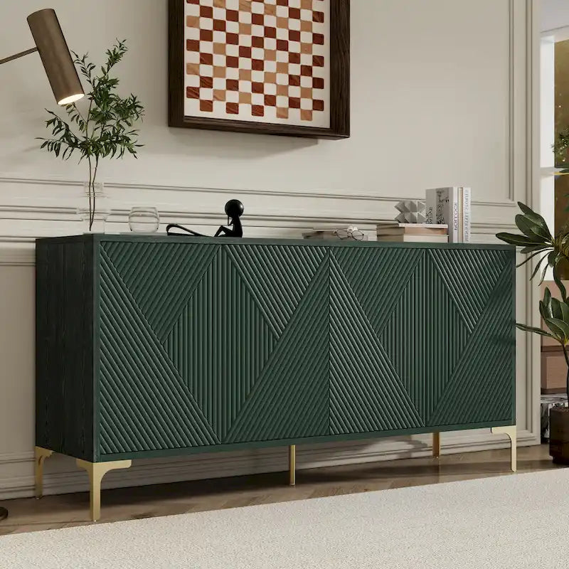 60 4-Door Sideboard Cabinet with Carved Door Panels and Adjustable Shelves for Entryway Dining Room Living Room