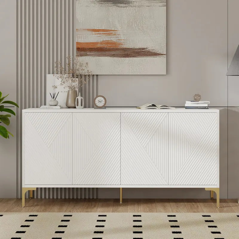 60 4-Door Sideboard Cabinet with Carved Door Panels and Adjustable Shelves for Entryway Dining Room Living Room