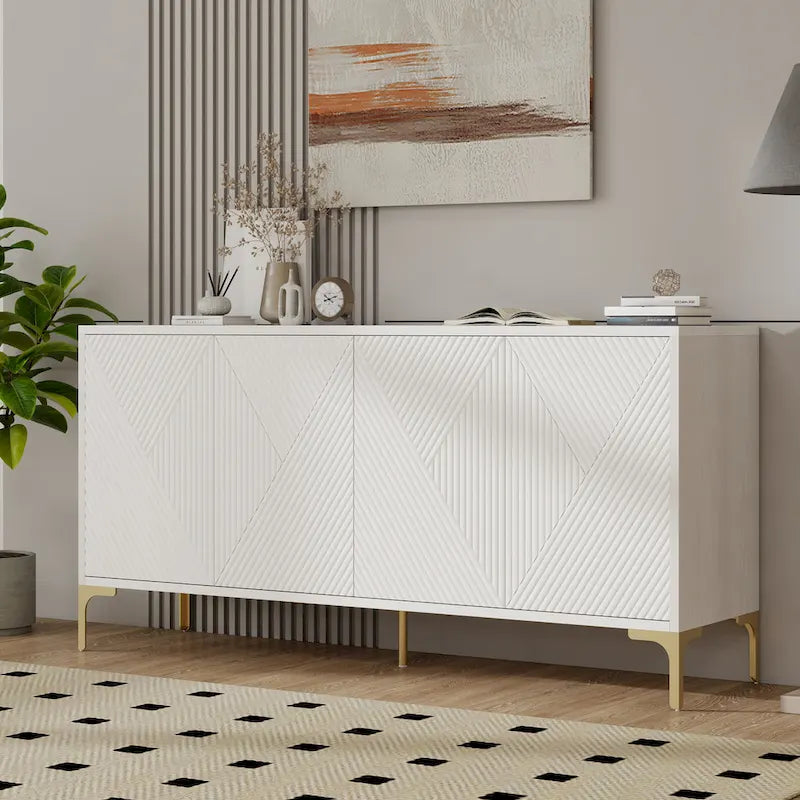 60 4-Door Sideboard Cabinet with Carved Door Panels and Adjustable Shelves for Entryway Dining Room Living Room