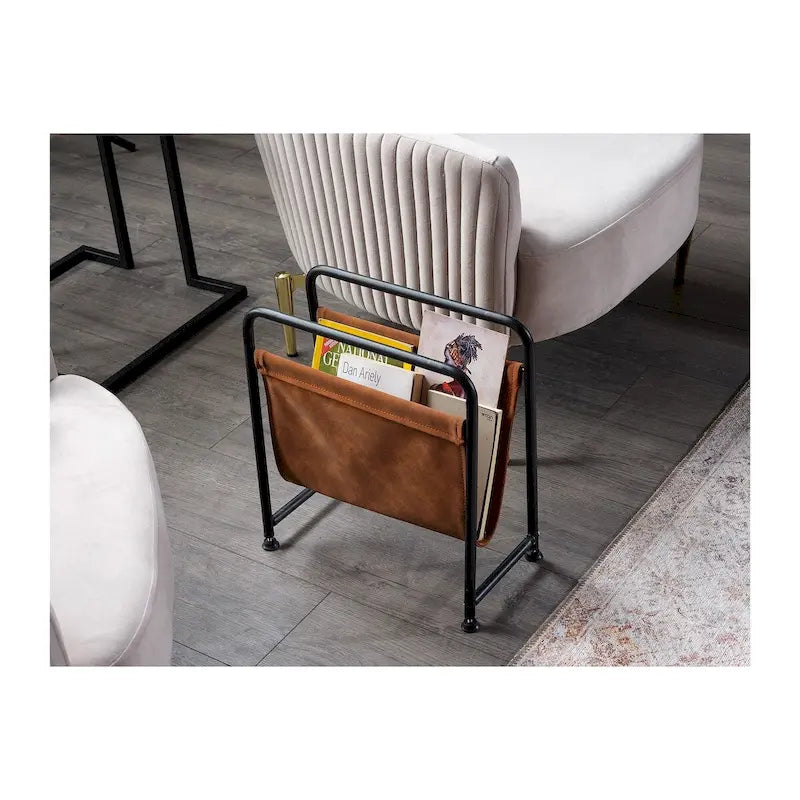 Freestanding Metal Frame Leatharette Sling Magazine Holder