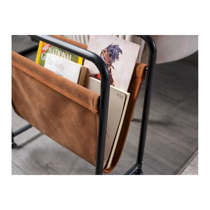 Freestanding Metal Frame Leatharette Sling Magazine Holder