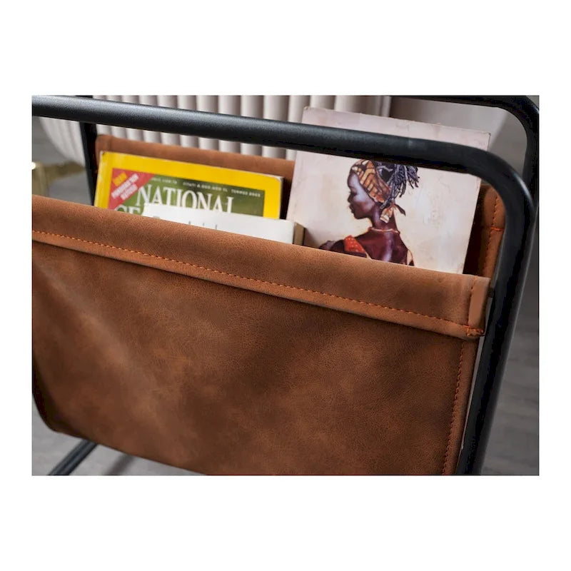 Freestanding Metal Frame Leatharette Sling Magazine Holder