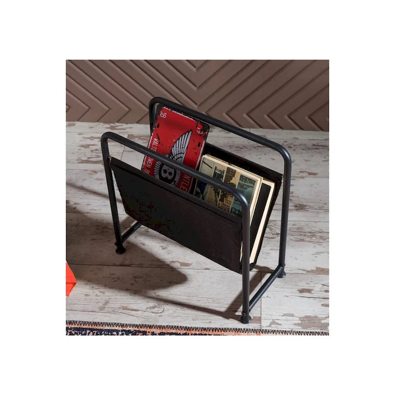 Freestanding Metal Frame Leatharette Sling Magazine Holder