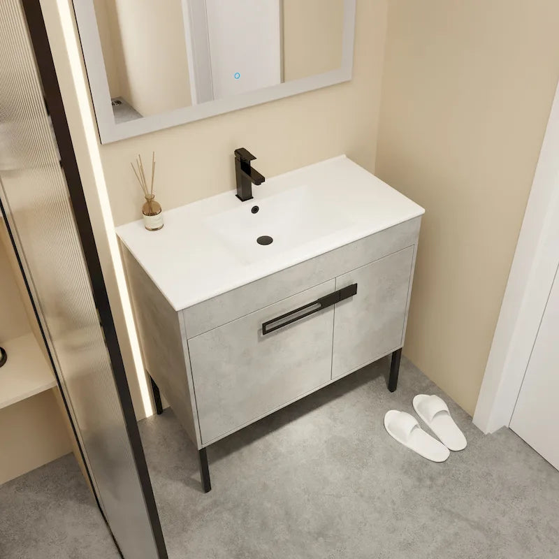24 Inch/30 Inch /36 Inch Bathroom Vanity W/Sink Freestanding/Wall Mounted Vanity Ceramic Sink Set With Adjustable Shelf