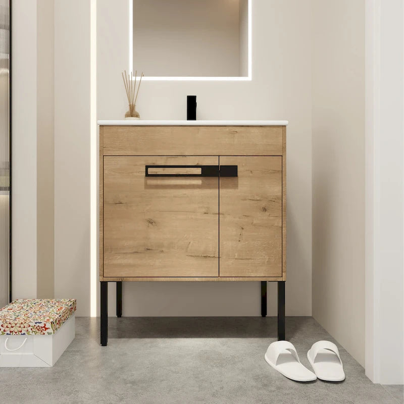 24 Inch/30 Inch /36 Inch Bathroom Vanity W/Sink Freestanding/Wall Mounted Vanity Ceramic Sink Set With Adjustable Shelf
