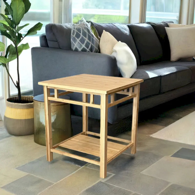 Table d'appoint Zen Japandi en bois naturel avec étagère de rangement ouverte
