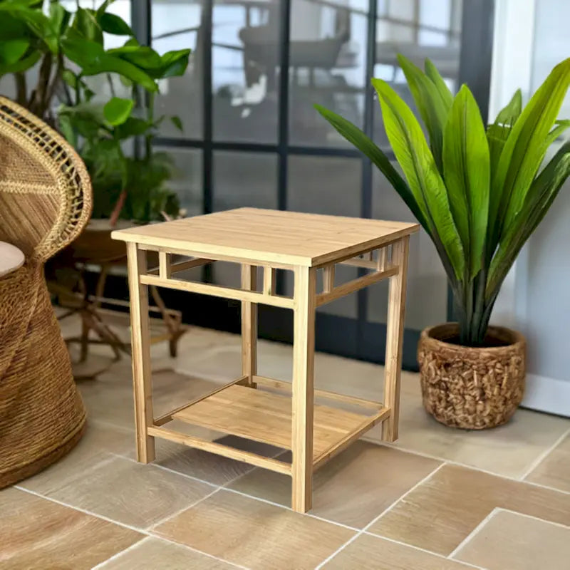 Table d'appoint Zen Japandi en bois naturel avec étagère de rangement ouverte
