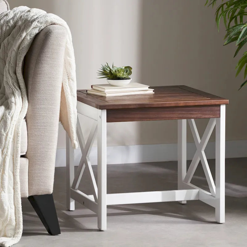 Table d'appoint carrée de style fermier en acacia - 19,75P x 19,75L x 18,75H