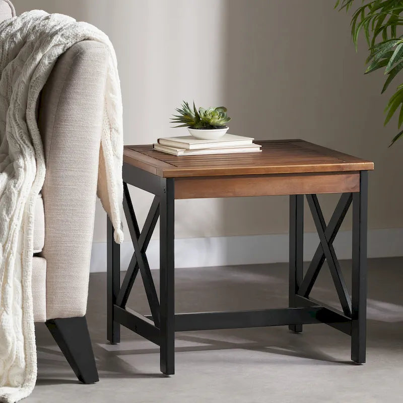 Table d'appoint carrée de style fermier en acacia - 19,75P x 19,75L x 18,75H