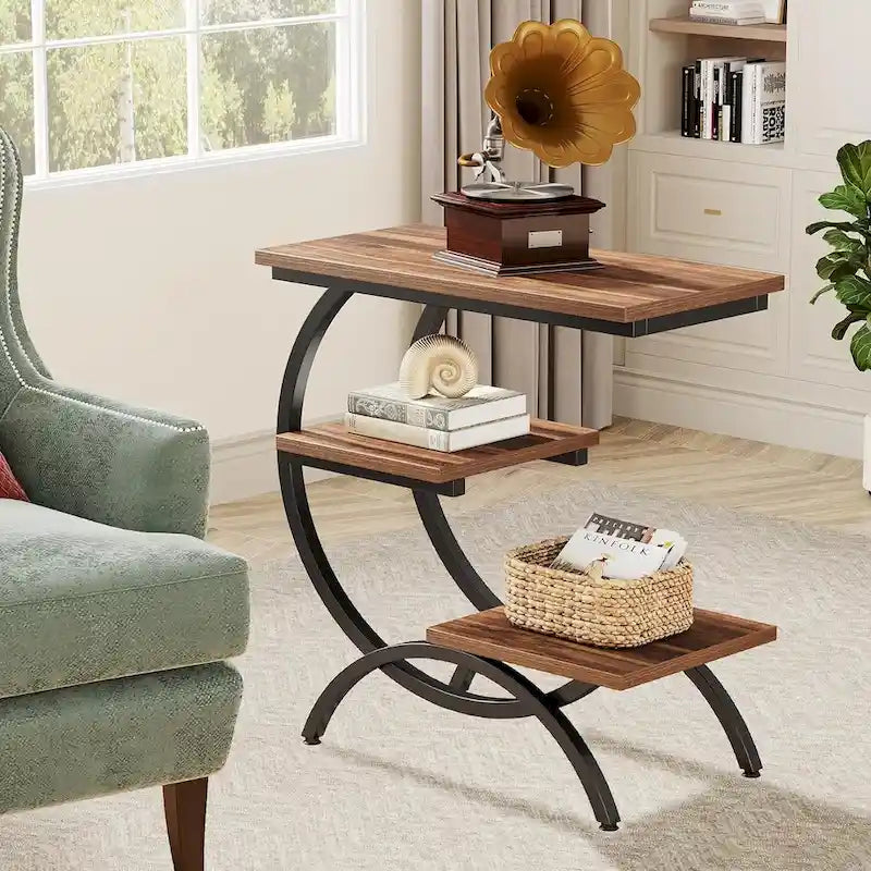 Petite Table d'appoint Industrielle à 3 Niveaux pour Canapé – Meuble d'appoint Rustique en Métal et Bois