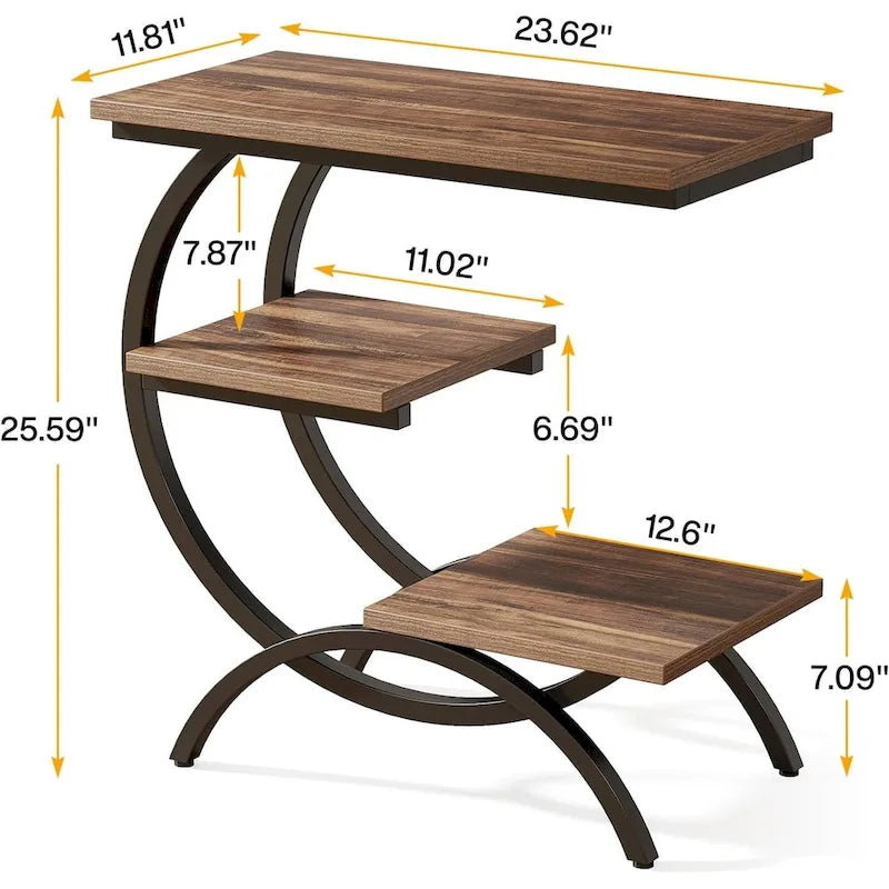 Petite Table d'appoint Industrielle à 3 Niveaux pour Canapé – Meuble d'appoint Rustique en Métal et Bois