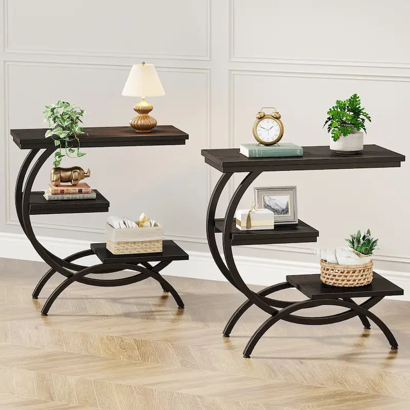 Petite Table d'appoint Industrielle à 3 Niveaux pour Canapé – Meuble d'appoint Rustique en Métal et Bois