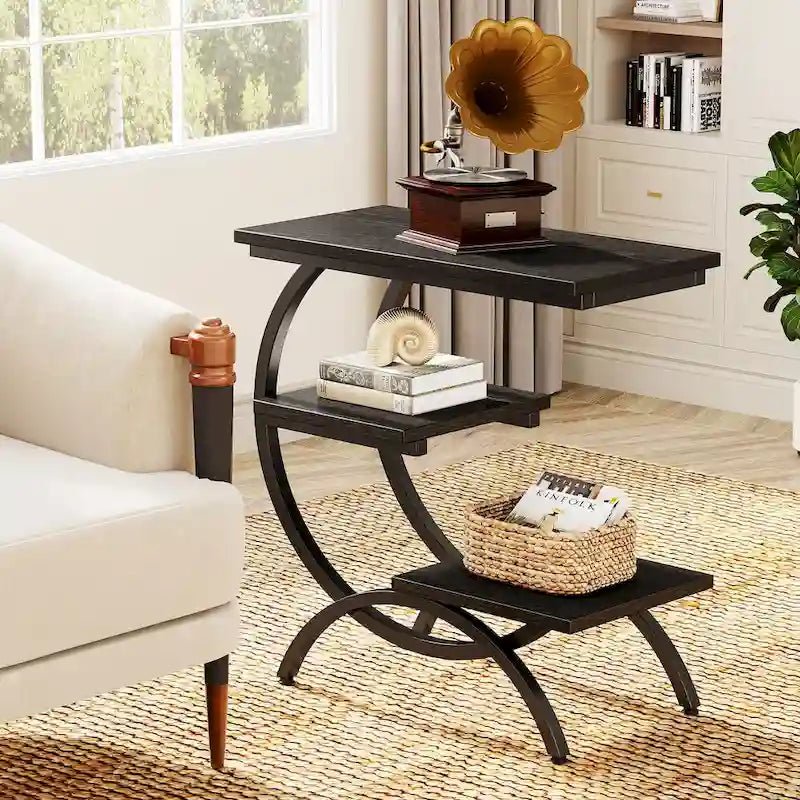 Petite Table d'appoint Industrielle à 3 Niveaux pour Canapé – Meuble d'appoint Rustique en Métal et Bois
