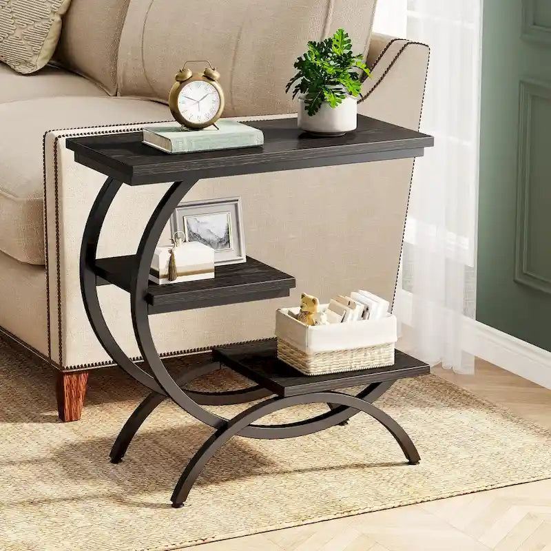 Petite Table d'appoint Industrielle à 3 Niveaux pour Canapé – Meuble d'appoint Rustique en Métal et Bois
