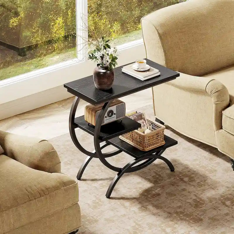 Petite Table d'appoint Industrielle à 3 Niveaux pour Canapé – Meuble d'appoint Rustique en Métal et Bois