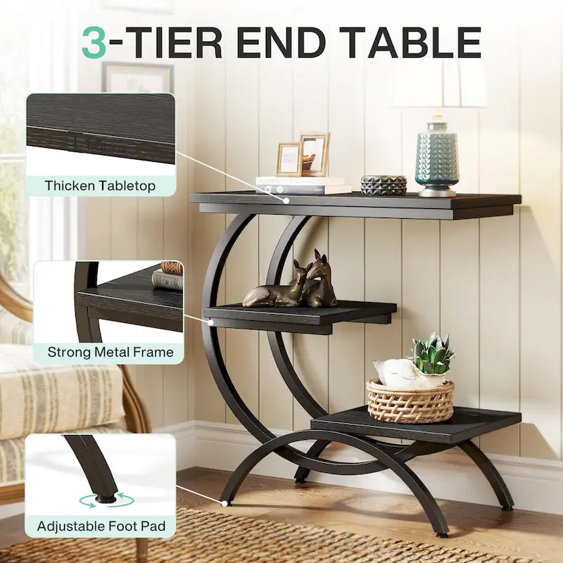 Petite Table d'appoint Industrielle à 3 Niveaux pour Canapé – Meuble d'appoint Rustique en Métal et Bois