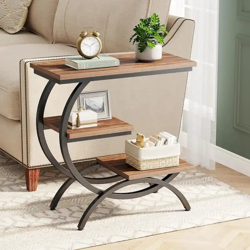Petite Table d'appoint Industrielle à 3 Niveaux pour Canapé – Meuble d'appoint Rustique en Métal et Bois