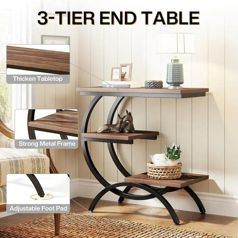 Petite Table d'appoint Industrielle à 3 Niveaux pour Canapé – Meuble d'appoint Rustique en Métal et Bois