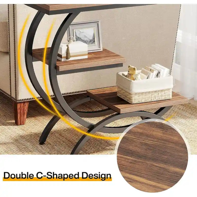 Petite Table d'appoint Industrielle à 3 Niveaux pour Canapé – Meuble d'appoint Rustique en Métal et Bois