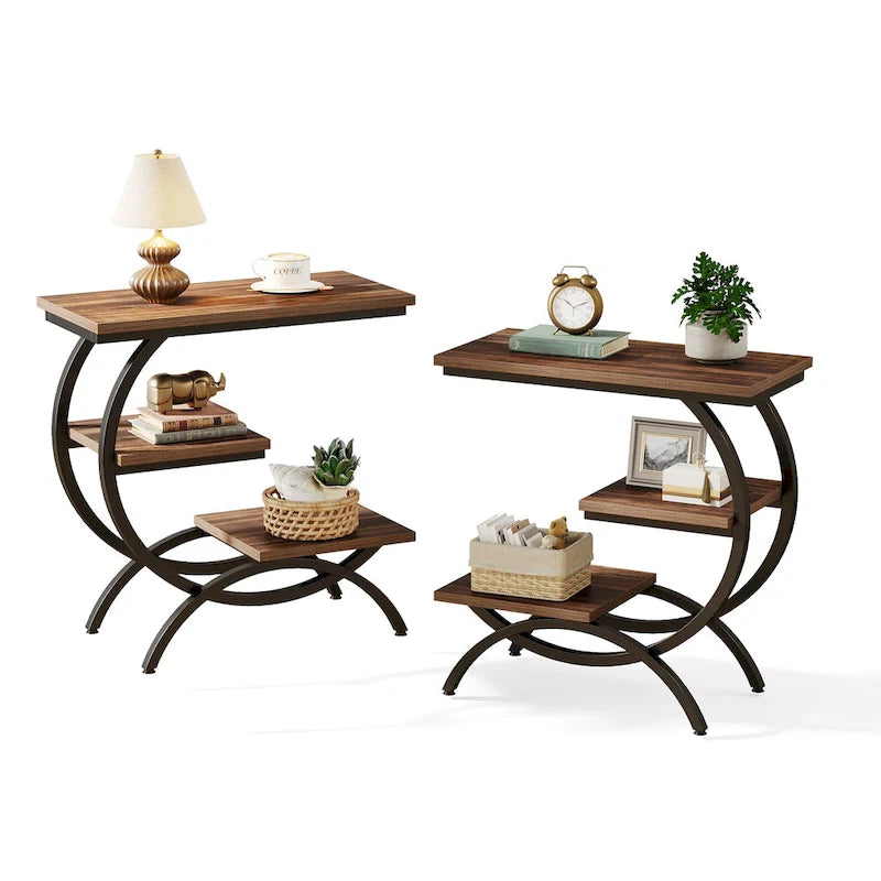 Petite Table d'appoint Industrielle à 3 Niveaux pour Canapé – Meuble d'appoint Rustique en Métal et Bois