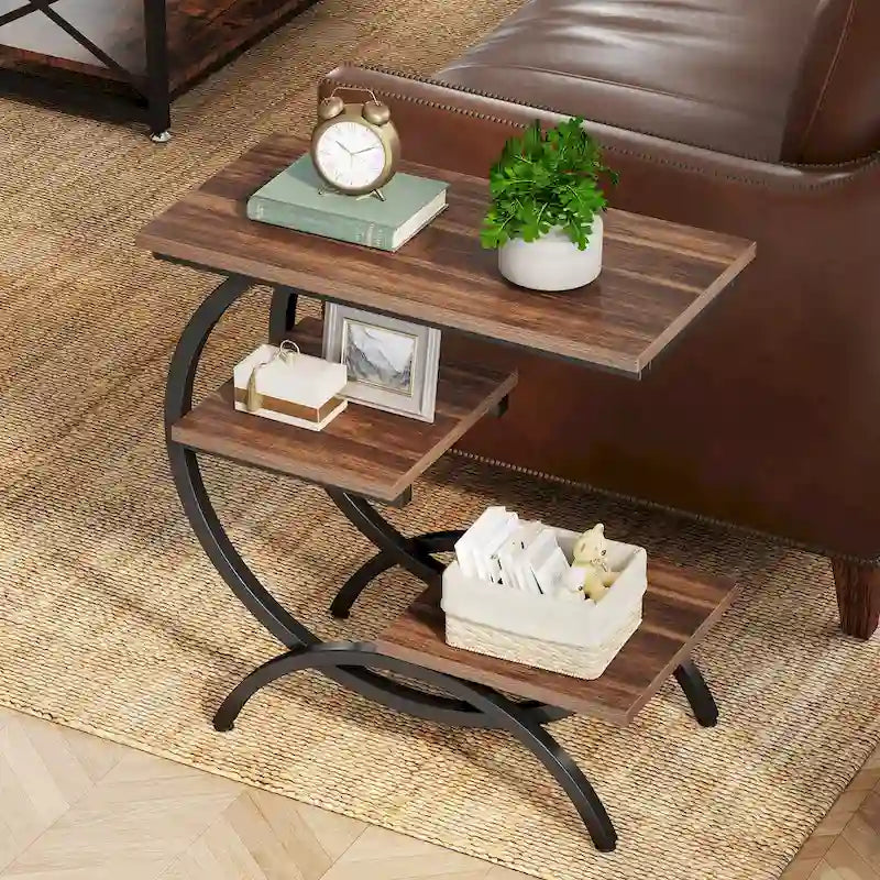 Petite Table d'appoint Industrielle à 3 Niveaux pour Canapé – Meuble d'appoint Rustique en Métal et Bois