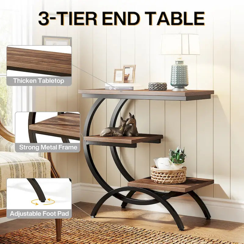 Petite Table d'appoint Industrielle à 3 Niveaux pour Canapé – Meuble d'appoint Rustique en Métal et Bois