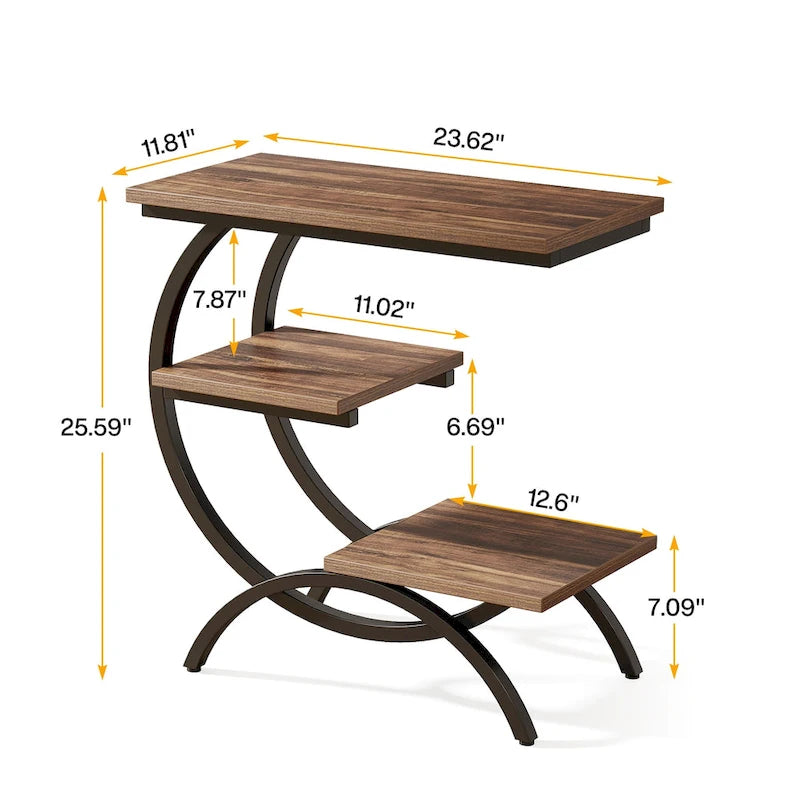 Petite Table d'appoint Industrielle à 3 Niveaux pour Canapé – Meuble d'appoint Rustique en Métal et Bois