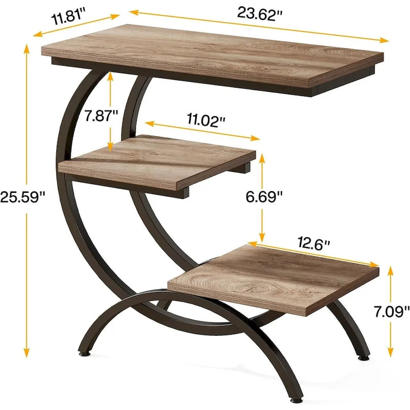 Petite Table d'appoint Industrielle à 3 Niveaux pour Canapé – Meuble d'appoint Rustique en Métal et Bois