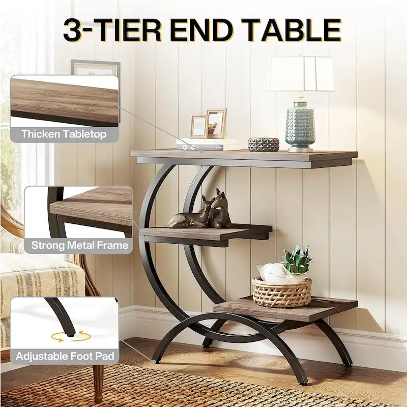 Petite Table d'appoint Industrielle à 3 Niveaux pour Canapé – Meuble d'appoint Rustique en Métal et Bois