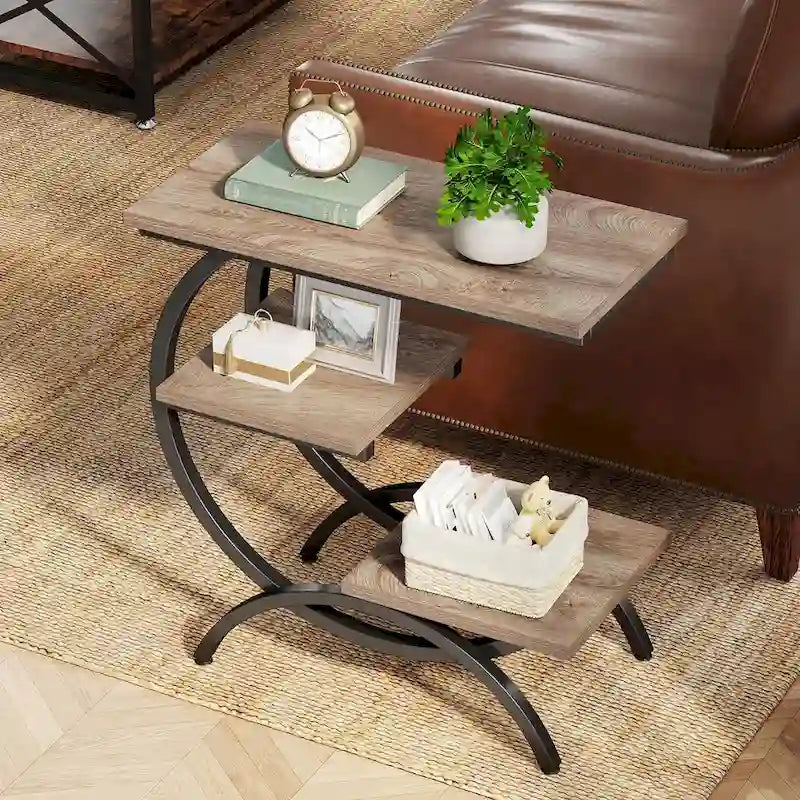 Petite Table d'appoint Industrielle à 3 Niveaux pour Canapé – Meuble d'appoint Rustique en Métal et Bois