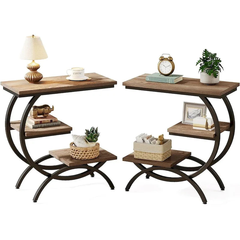 Petite Table d'appoint Industrielle à 3 Niveaux pour Canapé – Meuble d'appoint Rustique en Métal et Bois