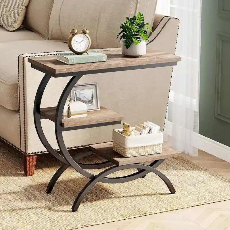 Petite Table d'appoint Industrielle à 3 Niveaux pour Canapé – Meuble d'appoint Rustique en Métal et Bois