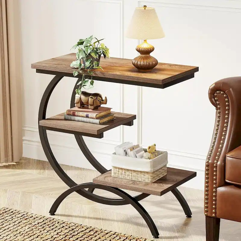 Petite Table d'appoint Industrielle à 3 Niveaux pour Canapé – Meuble d'appoint Rustique en Métal et Bois