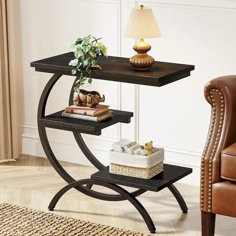 Petite Table d'appoint Industrielle à 3 Niveaux pour Canapé – Meuble d'appoint Rustique en Métal et Bois