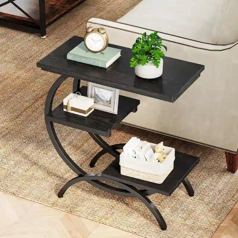 Petite Table d'appoint Industrielle à 3 Niveaux pour Canapé – Meuble d'appoint Rustique en Métal et Bois