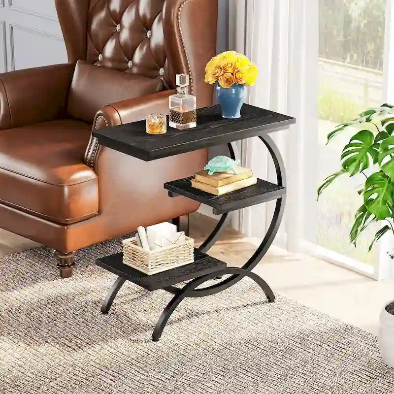 Petite Table d'appoint Industrielle à 3 Niveaux pour Canapé – Meuble d'appoint Rustique en Métal et Bois
