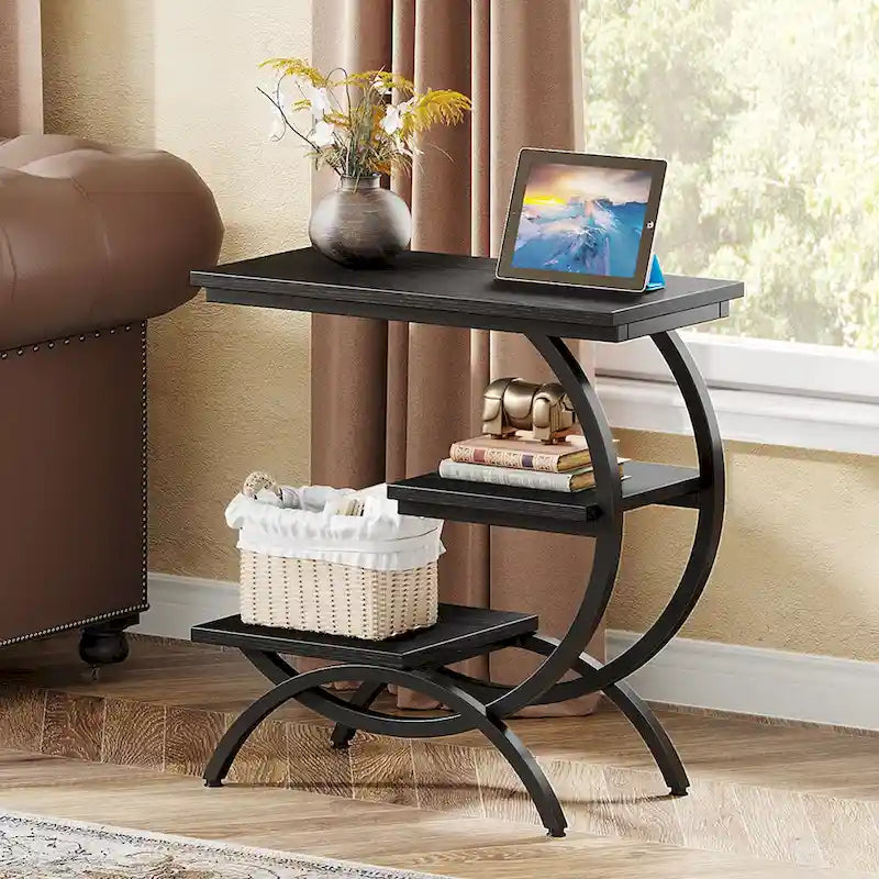 Petite Table d'appoint Industrielle à 3 Niveaux pour Canapé – Meuble d'appoint Rustique en Métal et Bois