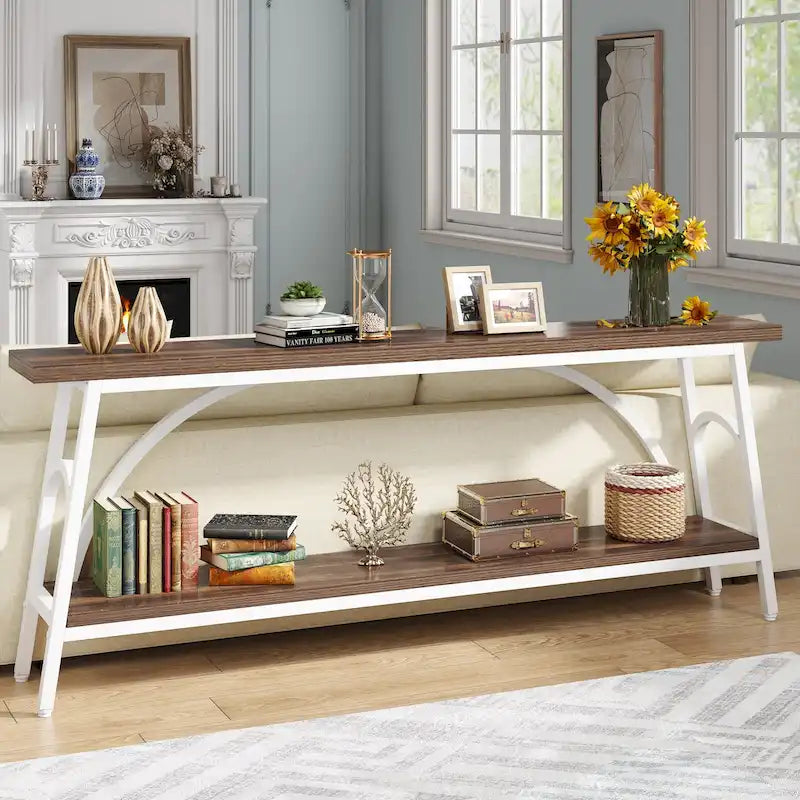 Table console extra longue de 70,8 pouces, tables de canapé étroites avec 2 étagères de rangement