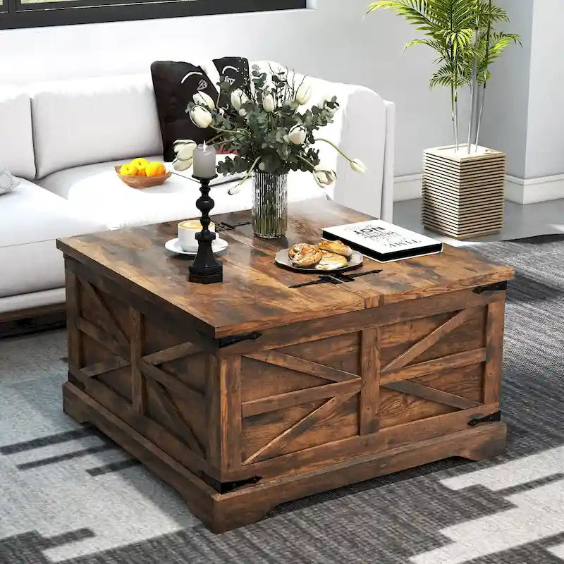 Table basse rustique de ferme avec étagère de rangement inférieure et finition bois