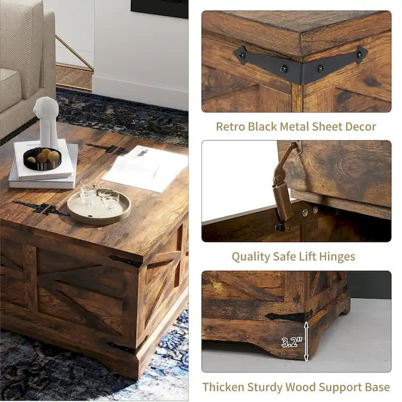 Table basse rustique de ferme avec étagère de rangement inférieure et finition bois