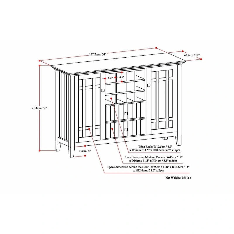 BUFFET-BAHUT TRANSITIONNEL EN BOIS MASSIF DE 54 POUCES AVEC RANGEMENT À VIN - 54 L x 17 P x 36 H